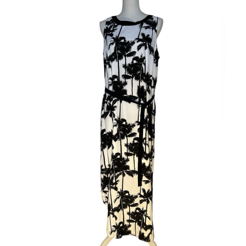 Kenzie Black & White Floral Tropical Belted Maxi Dress L